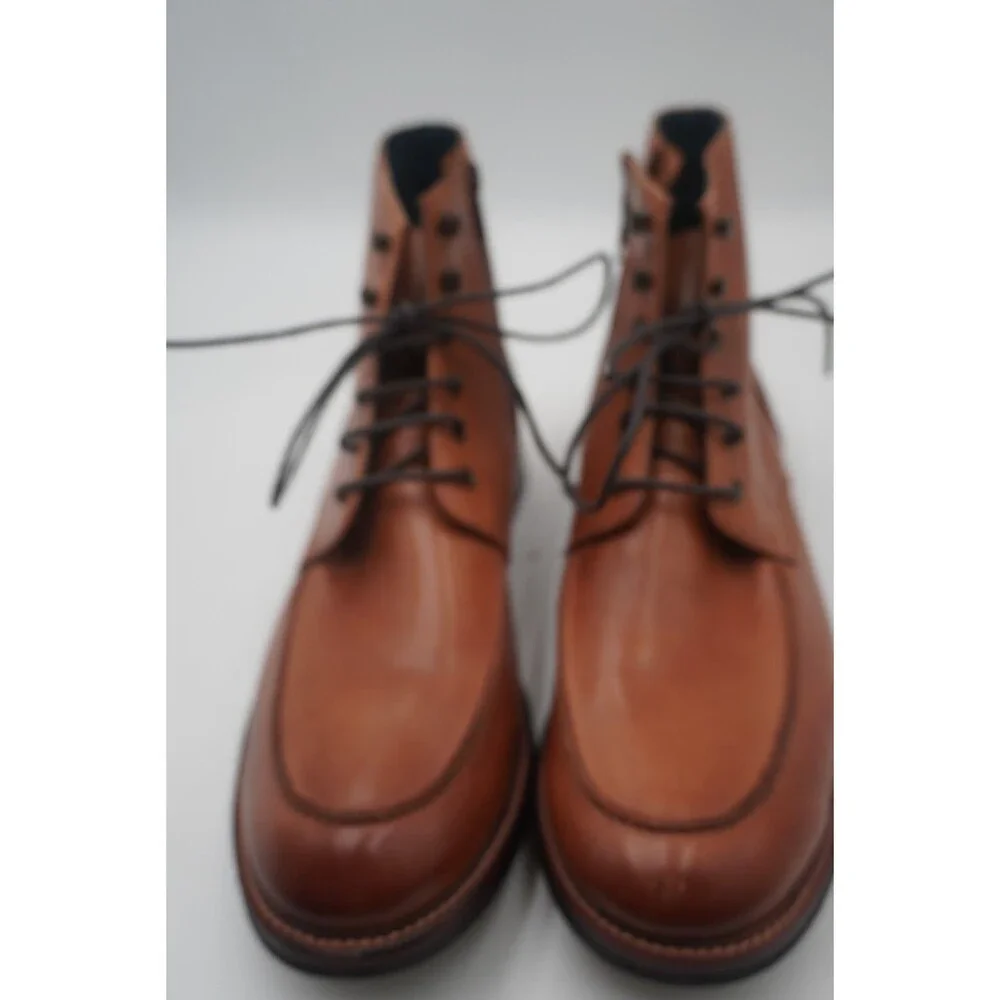 Gordon Rush Men Burnished Tan Leather Moc Toe Lace Up Ankle Boots Side Zip Sz 12